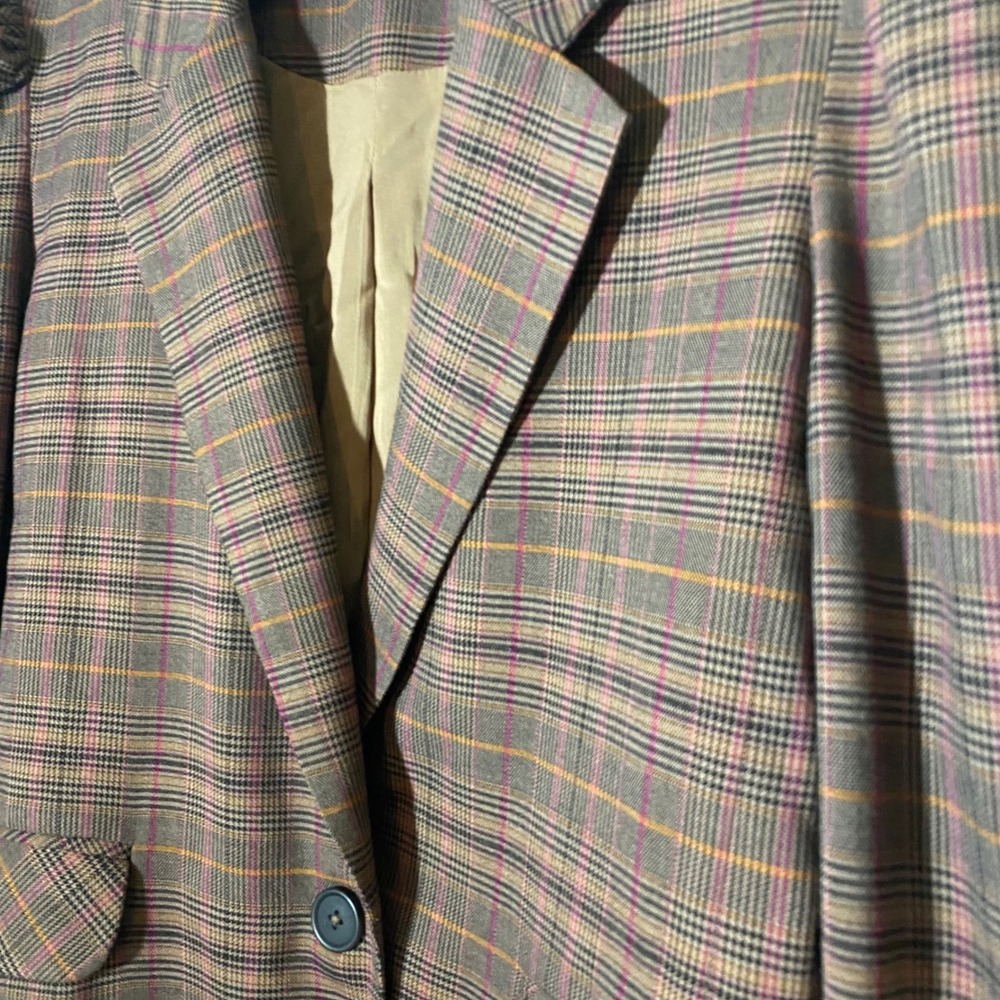 Free People Women's Plaid Blazer Jacket Brown Pink Orange Career Puff Sleeve‎ - Picture 2 of 9